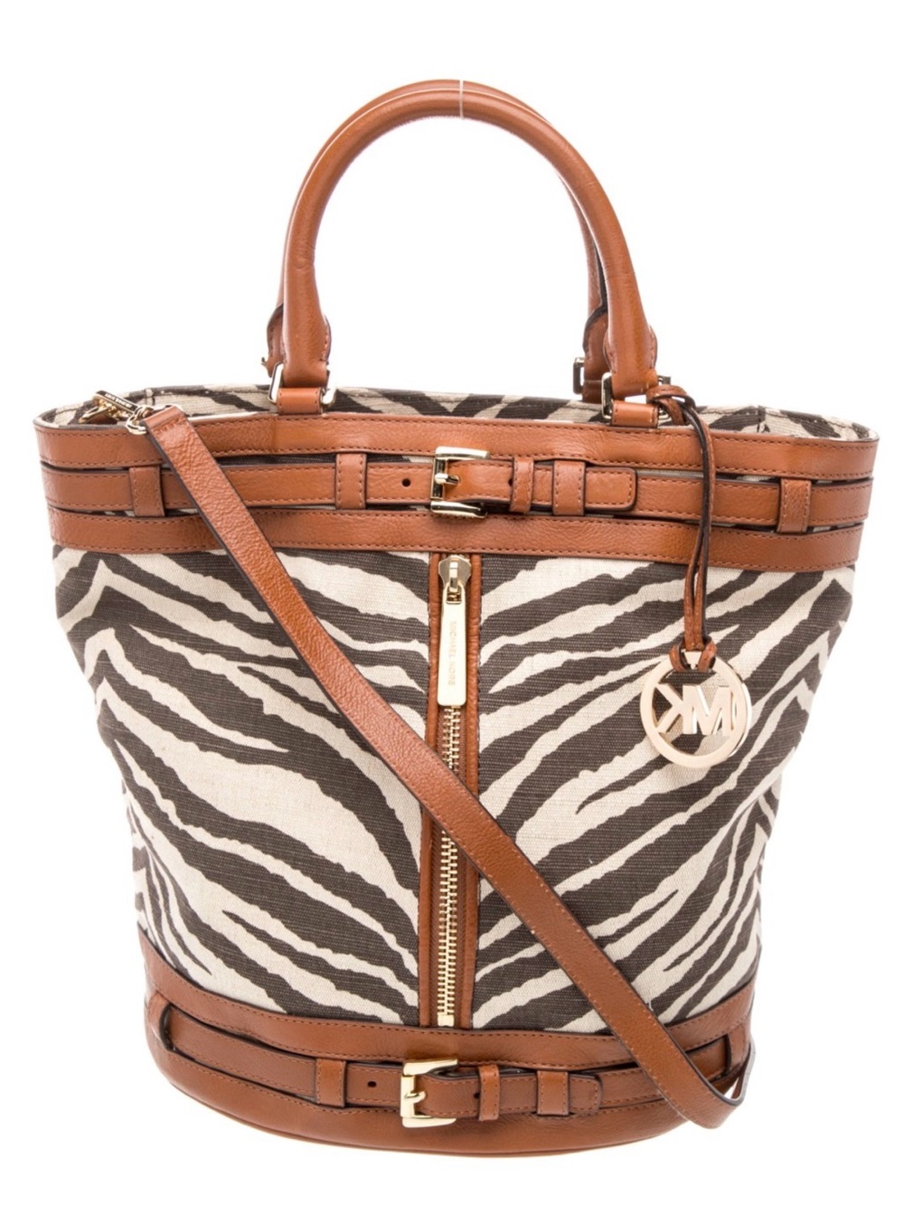 MICHAEL Michael Kors Zebra-Print Kingsbury Canvas Bucket Bag in Brown and Cream